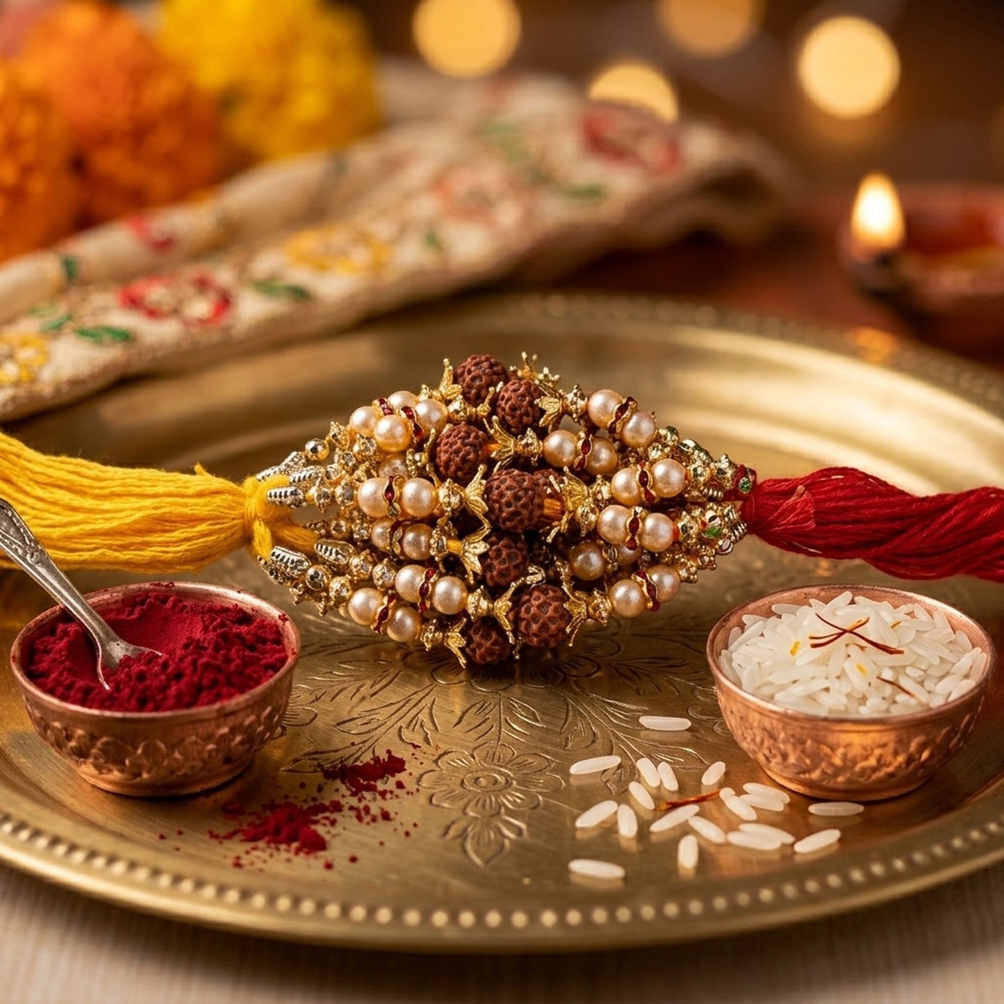 12 Pieces Combo Multi Color Divine Rudraksh Thread Rakhis Featuring Holy Beads and Religious Festival Style