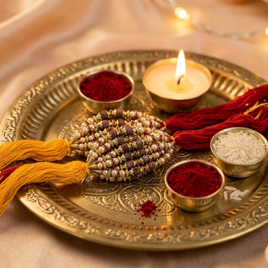 12 Pieces Combo Multi Color Divine Rudraksh Thread Rakhis with Elegant Devotional Handmade Rakhi Design