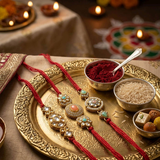 3 Pieces Combo Multi Color Kundan Rakhis with Elegant Stone Studded Traditional Festive Rakhi Design