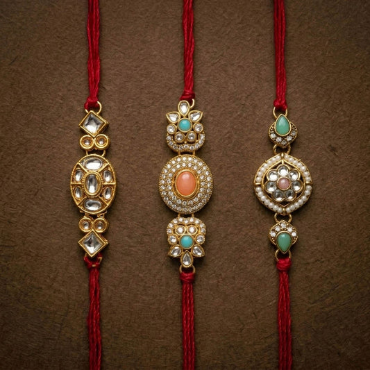 3 Pieces Combo Multi Color Kundan Rakhis with Elegant Stone Studded Traditional Festive Rakhi Design