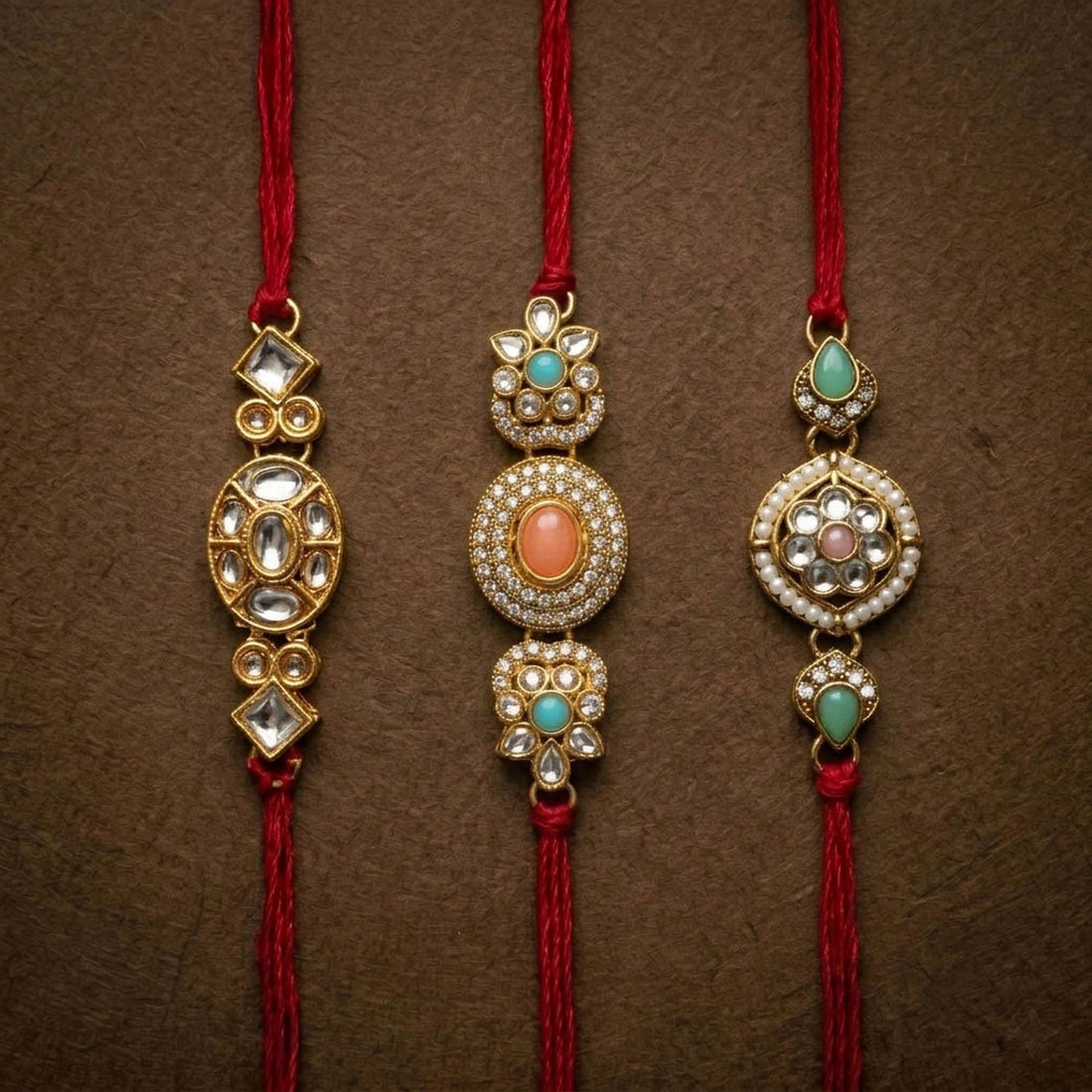 3 Pieces Combo Multi Color Kundan Rakhis with Elegant Stone Studded Traditional Festive Rakhi Design