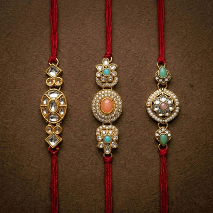 3 Pieces Combo Multi Color Kundan Rakhis with Elegant Stone Studded Traditional Festive Rakhi Design