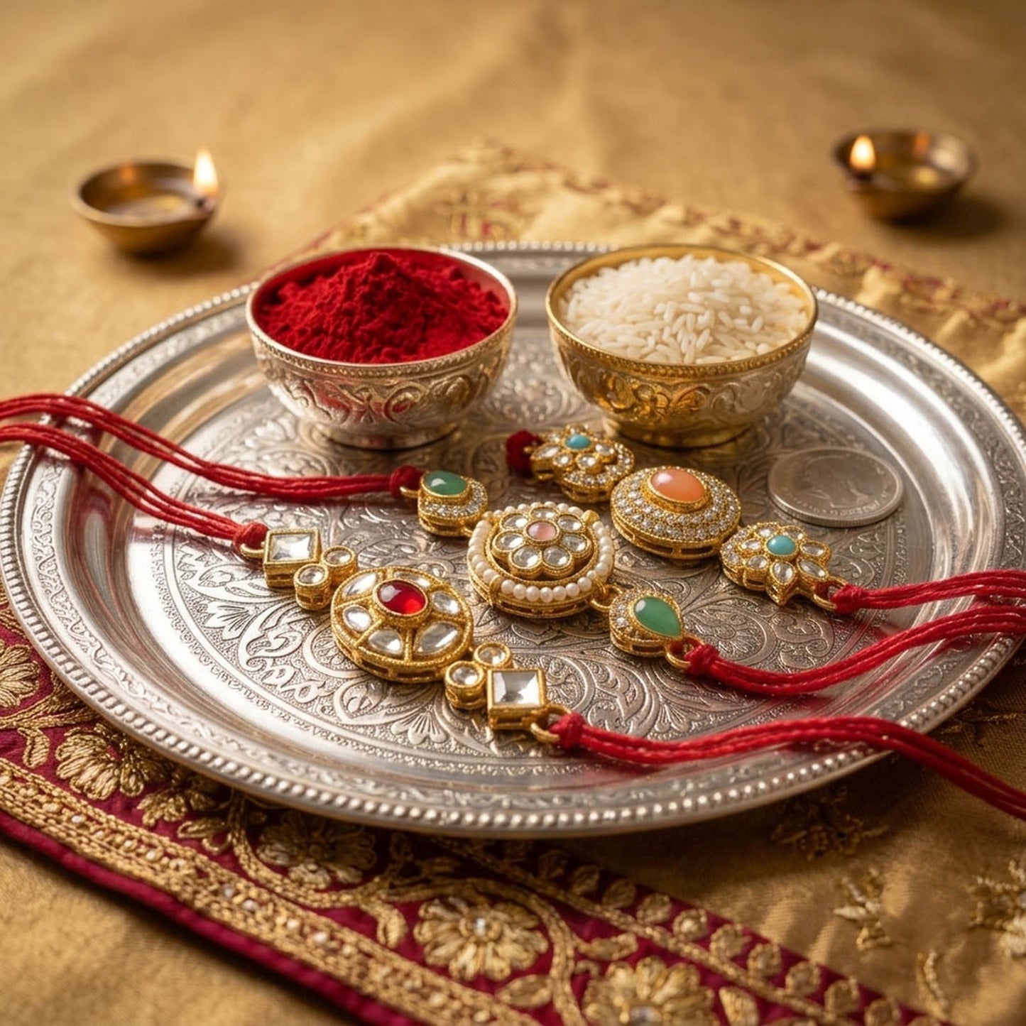 3 Pieces Combo Multi Color Kundan Rakhis Featuring Premium Decorative Ethnic Raksha Bandhan Style Collection