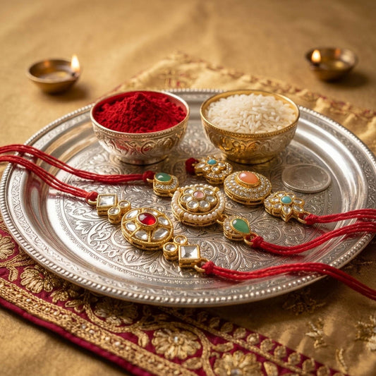 3 Pieces Combo Multi Color Kundan Rakhis Featuring Premium Decorative Ethnic Raksha Bandhan Style Collection