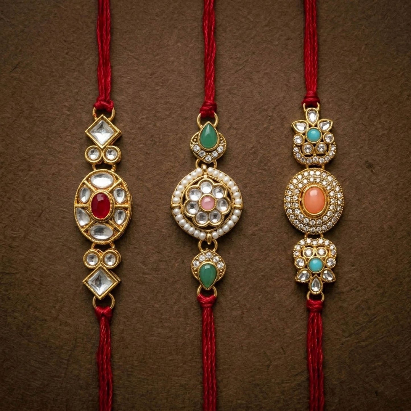 3 Pieces Combo Multi Color Kundan Rakhis Featuring Premium Decorative Ethnic Raksha Bandhan Style Collection