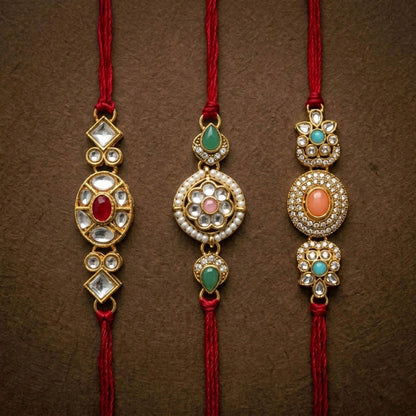 3 Pieces Combo Multi Color Kundan Rakhis Featuring Premium Decorative Ethnic Raksha Bandhan Style Collection