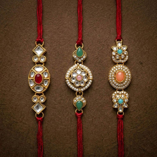 3 Pieces Combo Multi Color Kundan Rakhis Featuring Premium Decorative Ethnic Raksha Bandhan Style Collection