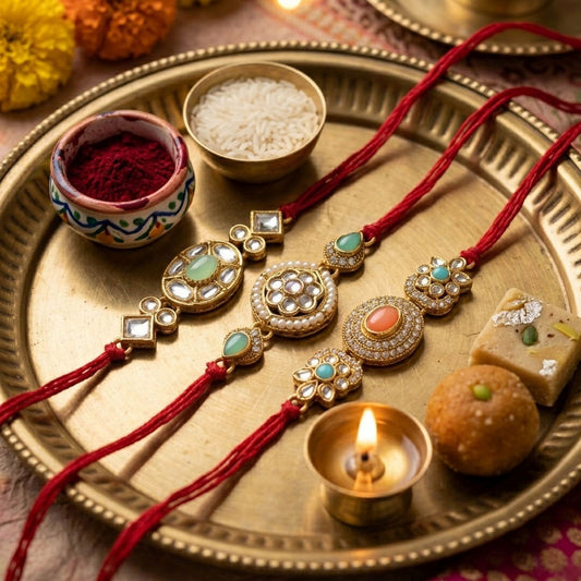 3 Pieces Combo Multi Color Kundan Rakhis with Beautiful Handmade Traditional Jewel Inspired Festive Design