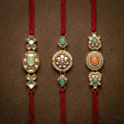 3 Pieces Combo Multi Color Kundan Rakhis with Beautiful Handmade Traditional Jewel Inspired Festive Design