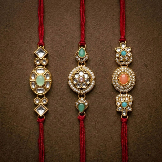3 Pieces Combo Multi Color Kundan Rakhis with Beautiful Handmade Traditional Jewel Inspired Festive Design
