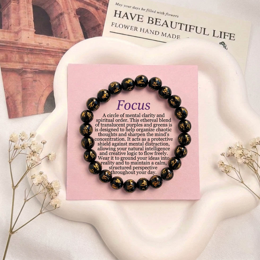 Schwarzes Om Mani Padme Hum Steinarmband