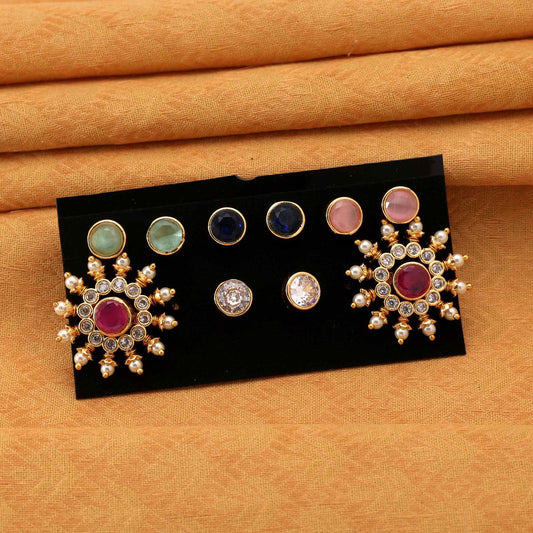 Multi Color 5 In 1 Color Changeable American Diamond Stud Earrings Combo For Party Wear