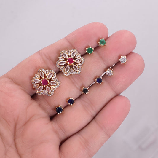 Assorted Color 5 In 1 Color Changeable American Diamond Stud Earrings Combo Set