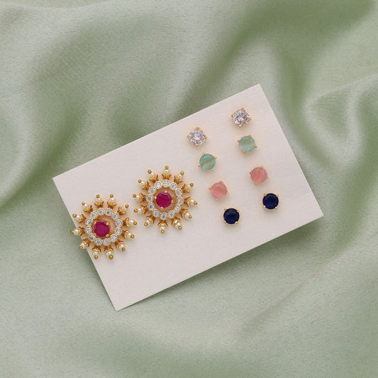 Assorted Color 5 In 1 Color Changeable American Diamond Stud Earrings Pack