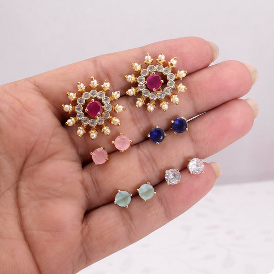 Assorted Color 5 In 1 Color Changeable American Diamond Stud Earrings Pack