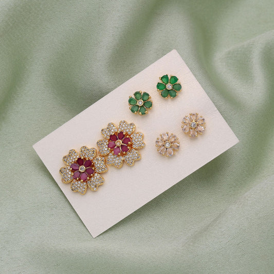 Assorted Color 3 In 1 Color Changeable American Diamond Stud Earrings Combo