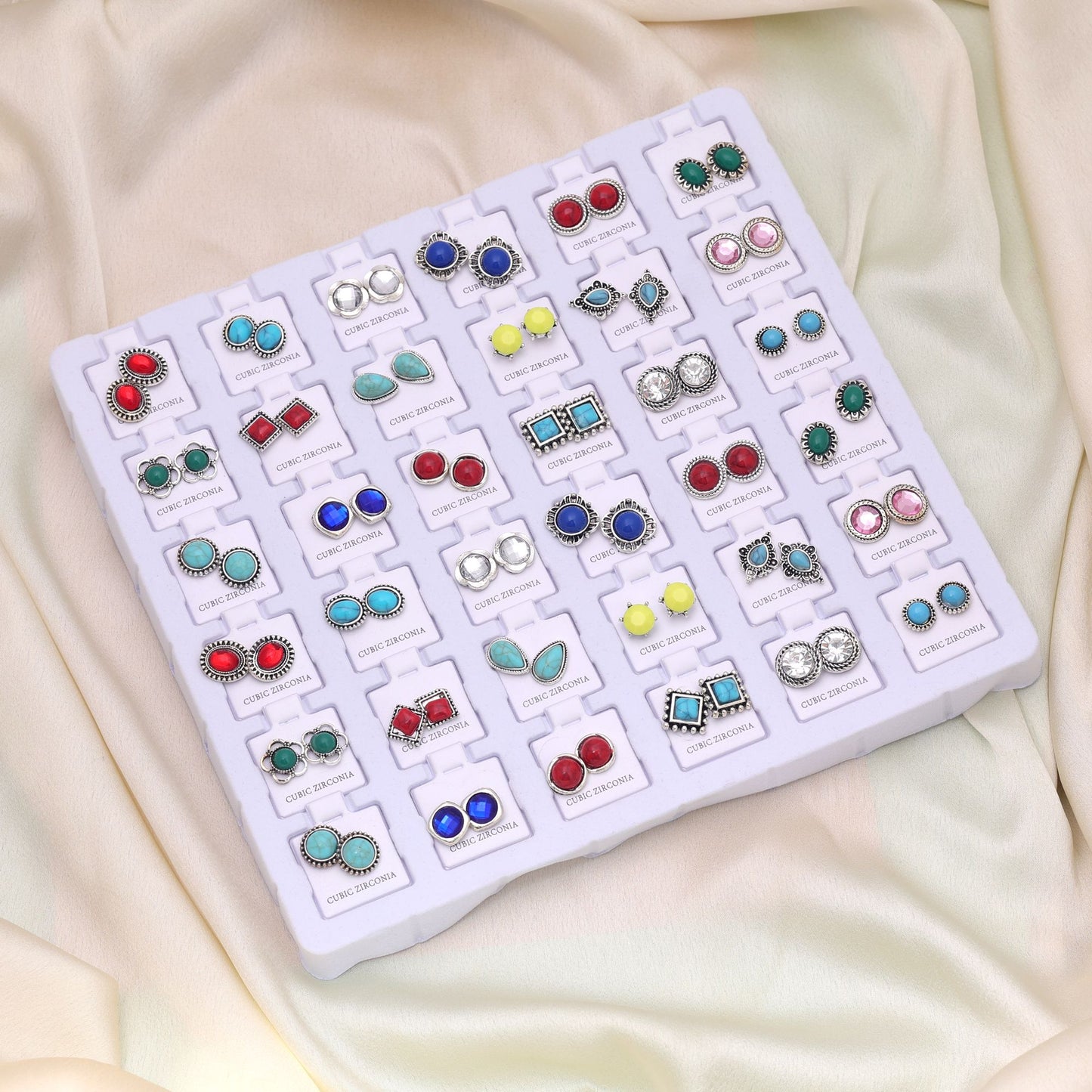 Multi Color 36 Pairs Cubic Zirconia Stud Earrings Combo with Elegant Designer Style for Fashion Jewelry Collection