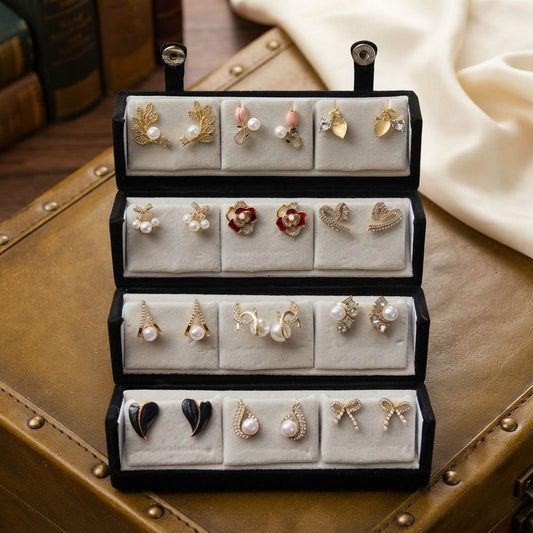 White & Gold Plated 12 Pairs Stud Earrings Combo Jewellery Box with Elegant Daily Wear Collection