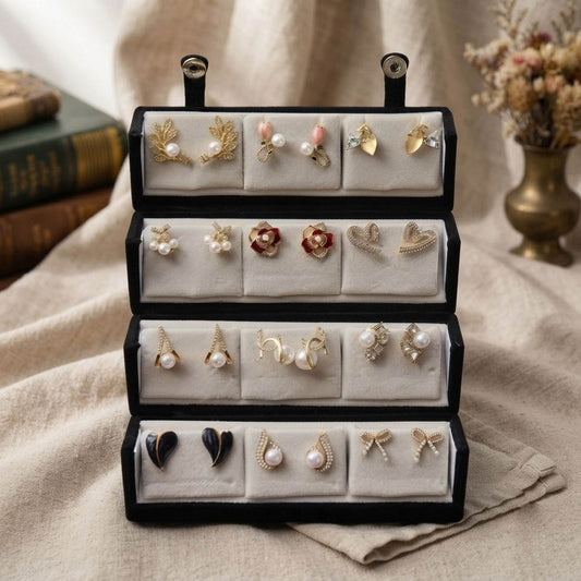 White & Gold Plated 12 Pairs Stud Earrings Combo Jewellery Box with Elegant Daily Wear Collection