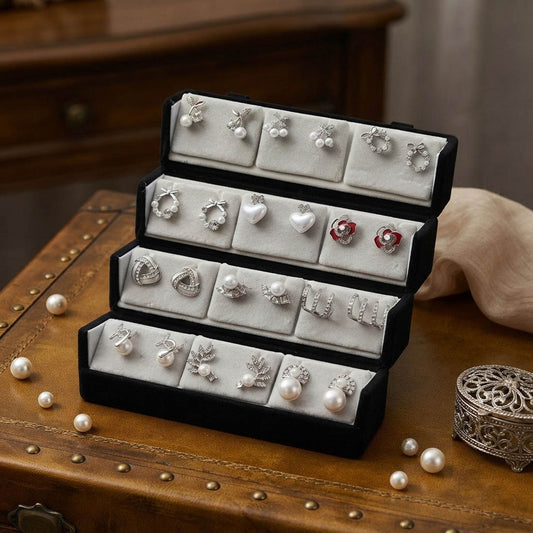 White & Silver Plated 12 Pairs Stud Earrings Combo Jewellery Box Featuring Stylish Assorted Earrings Set