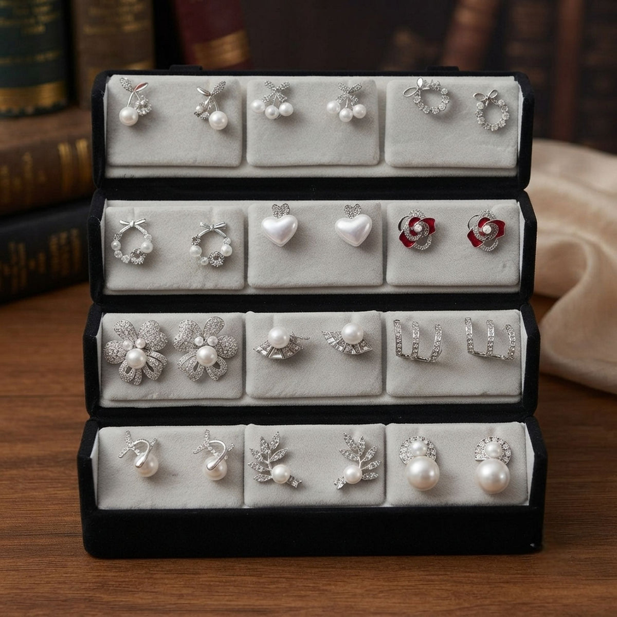 White & Silver Plated 12 Pairs Stud Earrings Combo Jewellery Box Featuring Stylish Assorted Earrings Set