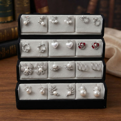 White & Silver Plated 12 Pairs Stud Earrings Combo Jewellery Box Featuring Stylish Assorted Earrings Set