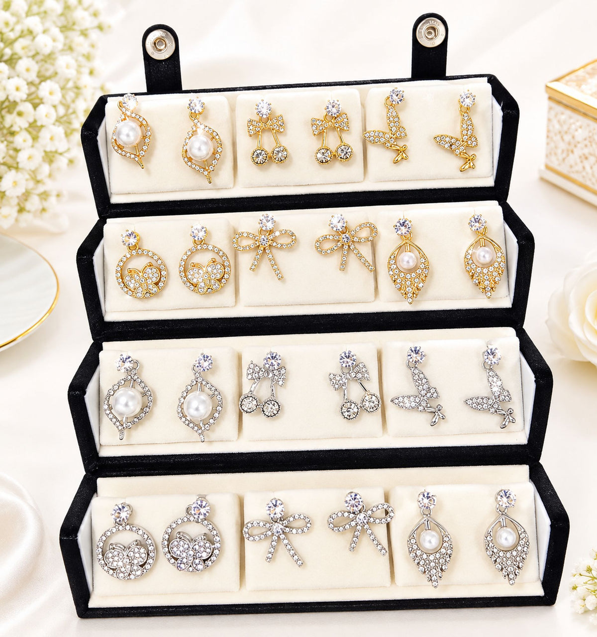 White & Silver Color 12 Pairs Stud Earrings Combo Jewellery Box For Women And Girls