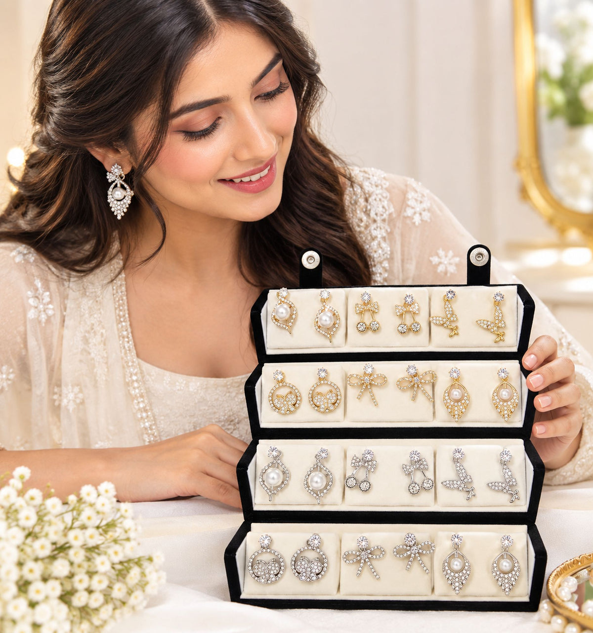 White & Silver Color 12 Pairs Stud Earrings Combo Jewellery Box For Women And Girls