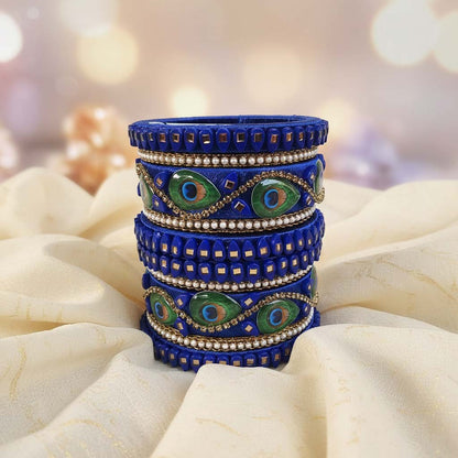 Blue Color Peacock Feather 1 Set Of Thread Bangle Featuring Artistic Traditional Patterns