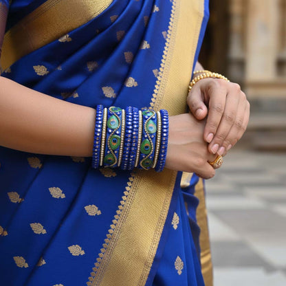 Blue Color Peacock Feather 1 Set Of Thread Bangle Featuring Artistic Traditional Patterns