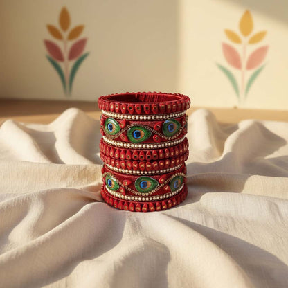 Maroon Color Peacock Feather 1 Set Of Thread Bangle With Festive Ethnic Charm