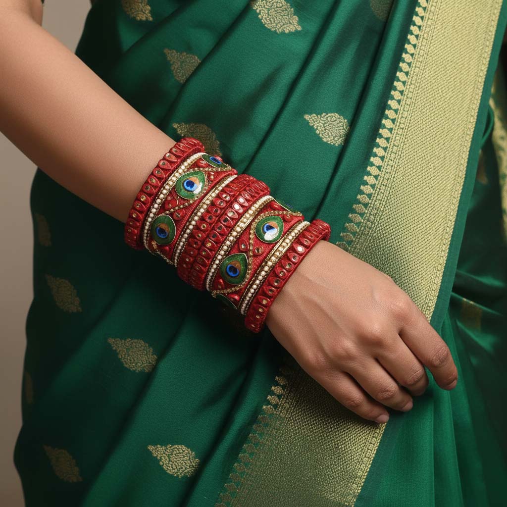 Maroon Color Peacock Feather 1 Set Of Thread Bangle With Festive Ethnic Charm
