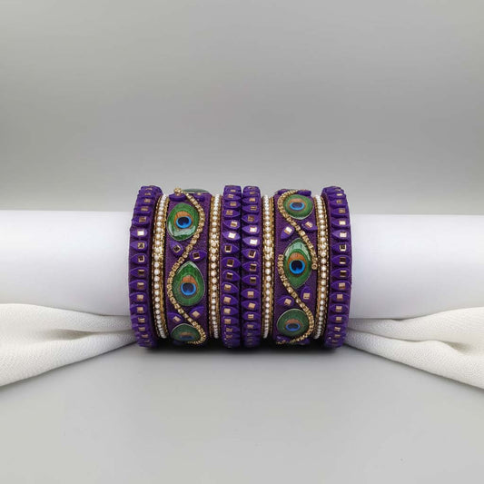Purple Color Peacock Feather 1 Set Of Thread Bangle Inspired By Royal Indian Artistry