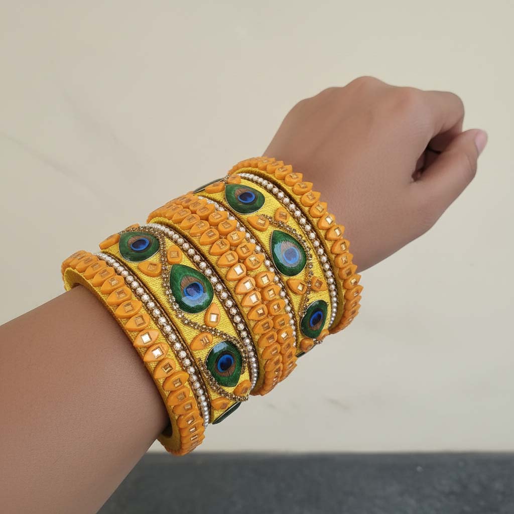 Yellow Color Peacock Feather 1 Set Of Thread Bangle Perfect For Vibrant Festive Outfits