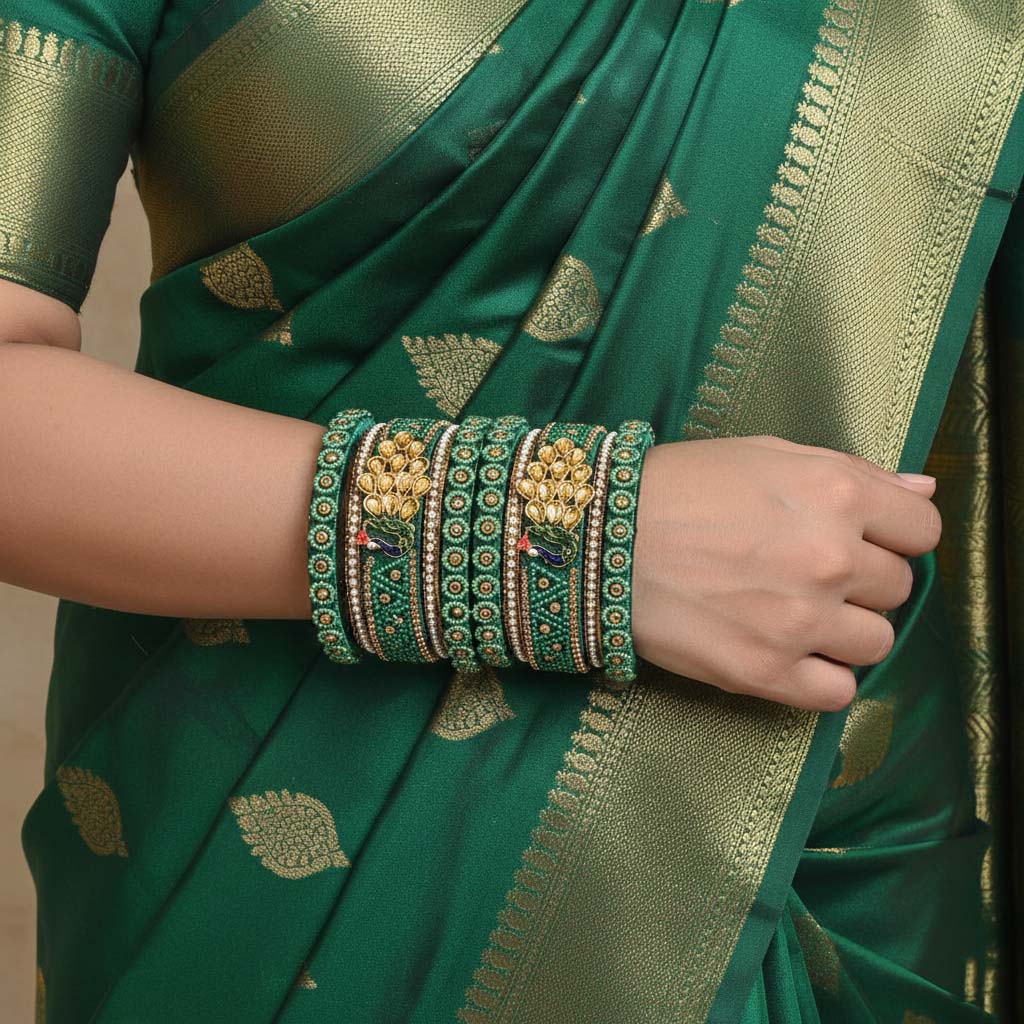 Green Color Peacock Inspired 1 Set Of Thread Bangle Inspired By Traditional Artistry