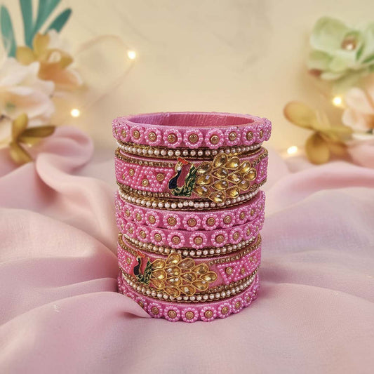 Pink Color Peacock Inspired 1 Set Of Thread Bangle Designed For Graceful Celebrations