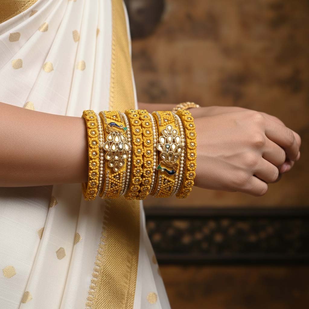 Yellow Color Peacock Inspired 1 Set Of Thread Bangle Reflecting Joyful Festive Traditions