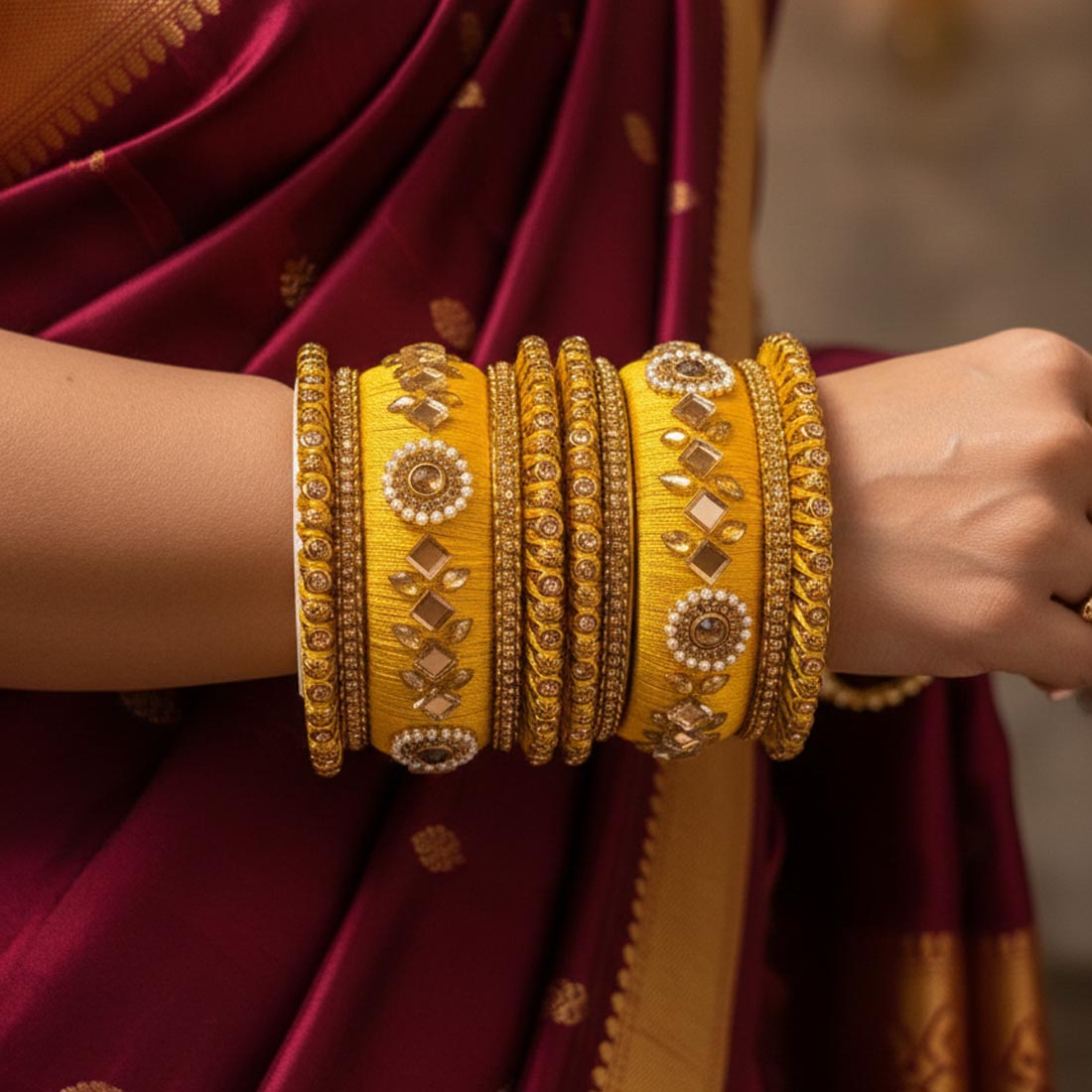 Yellow Color 1 Set Of Thread Bangle Designed To Enhance Traditional Attire