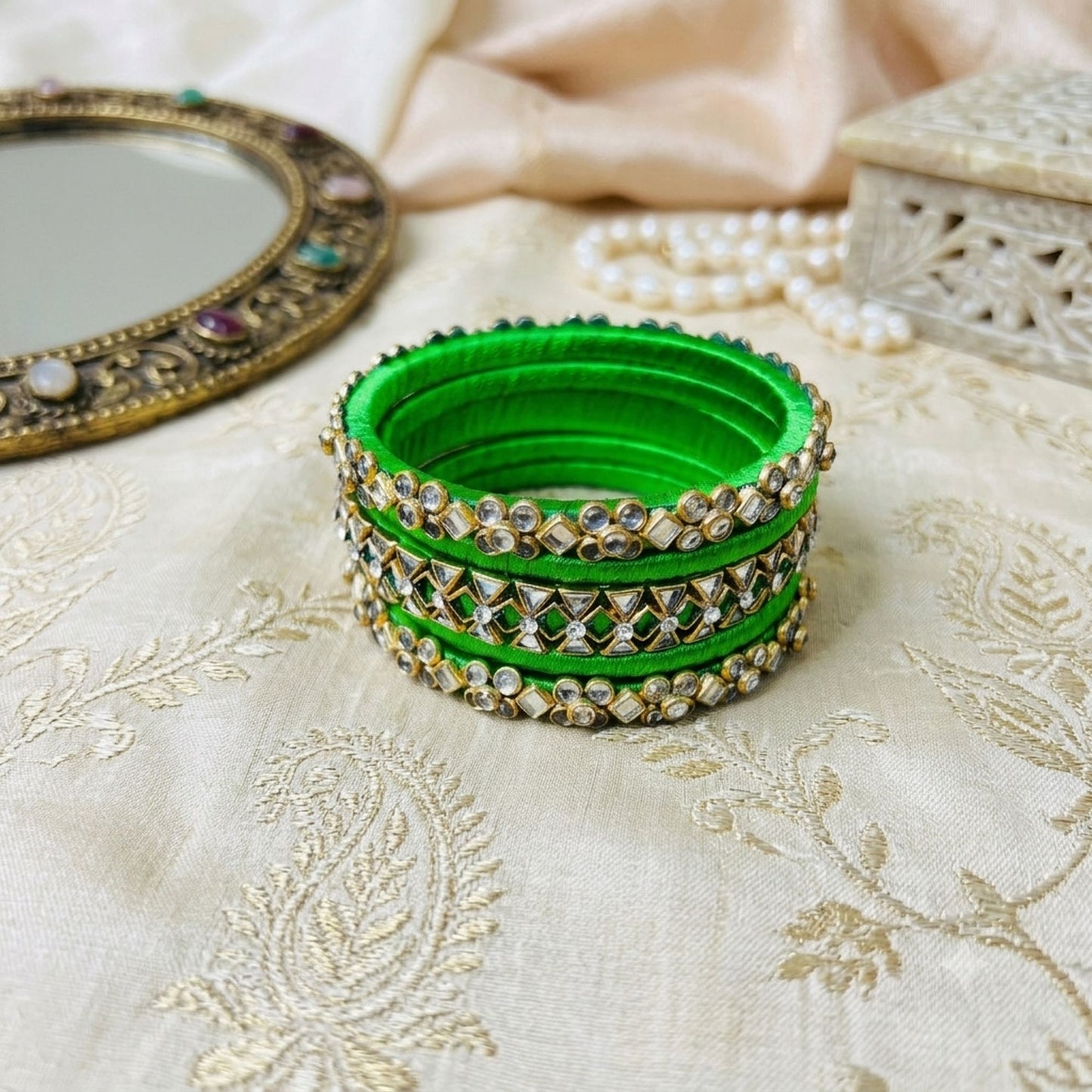 Green Color Thread Bangle Set with Stylish Traditional Fashion Appeal