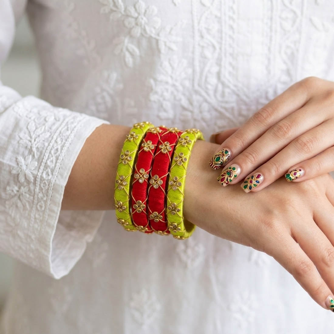 Handcrafted Light Green And Red Color Silk Thread Bangle Set In Size 2.6