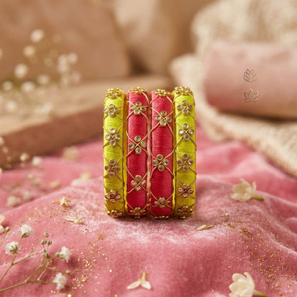 Handcrafted Light Green And Red Color Silk Thread Bangle Set In Size 2.6
