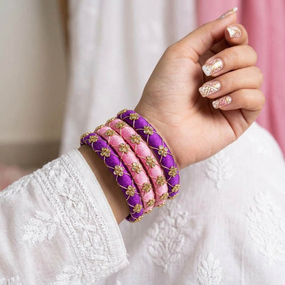Vibrant Pink And Purple Color Handcrafted Silk Thread Bangle Set In Size 2.8