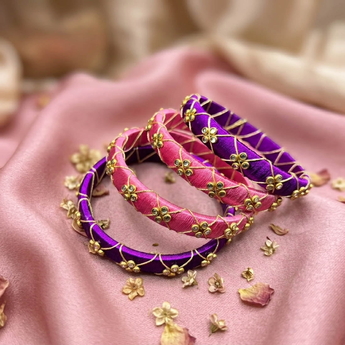 Vibrant Pink And Purple Color Handcrafted Silk Thread Bangle Set In Size 2.8