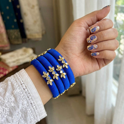 Deep Blue Color Handcrafted Silk Thread Bangle Set In Size 2.8