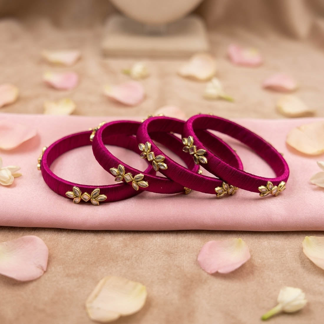 Stunning Dark Rani Color Handcrafted Silk Thread Bangle Set In Size 2.8