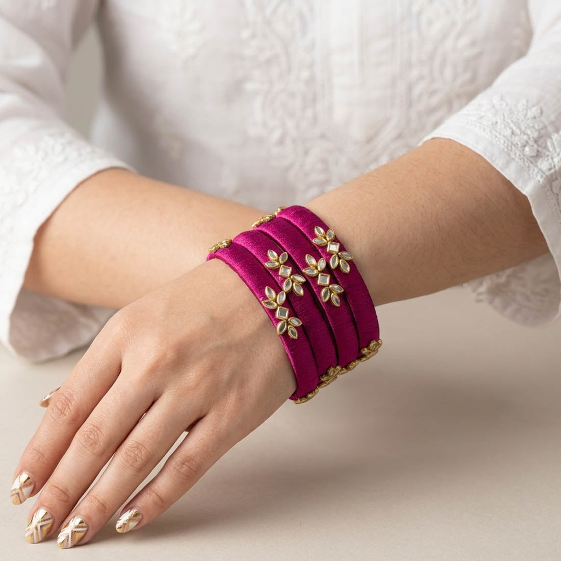 Stunning Dark Rani Color Handcrafted Silk Thread Bangle Set In Size 2.8