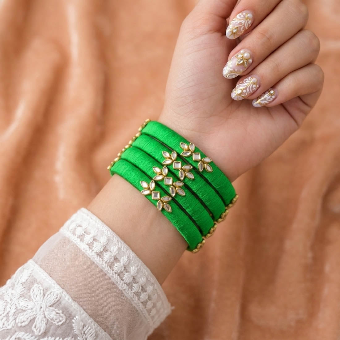 Ethnic Green Color Handcrafted Silk Thread Bangle Set In Size 2.8