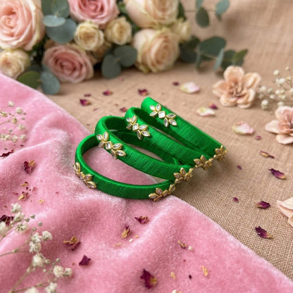 Ethnic Green Color Handcrafted Silk Thread Bangle Set In Size 2.8