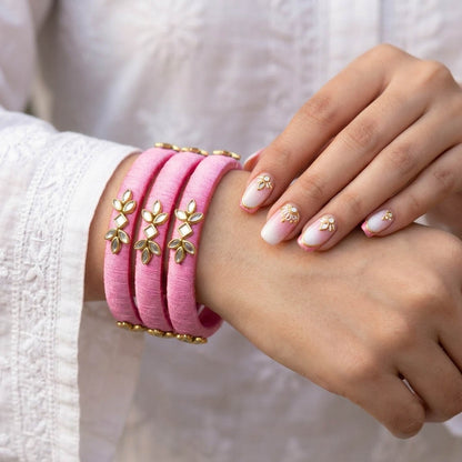 Subtle Light Pink Color Handcrafted Silk Thread Bangle Set In Size 2.8