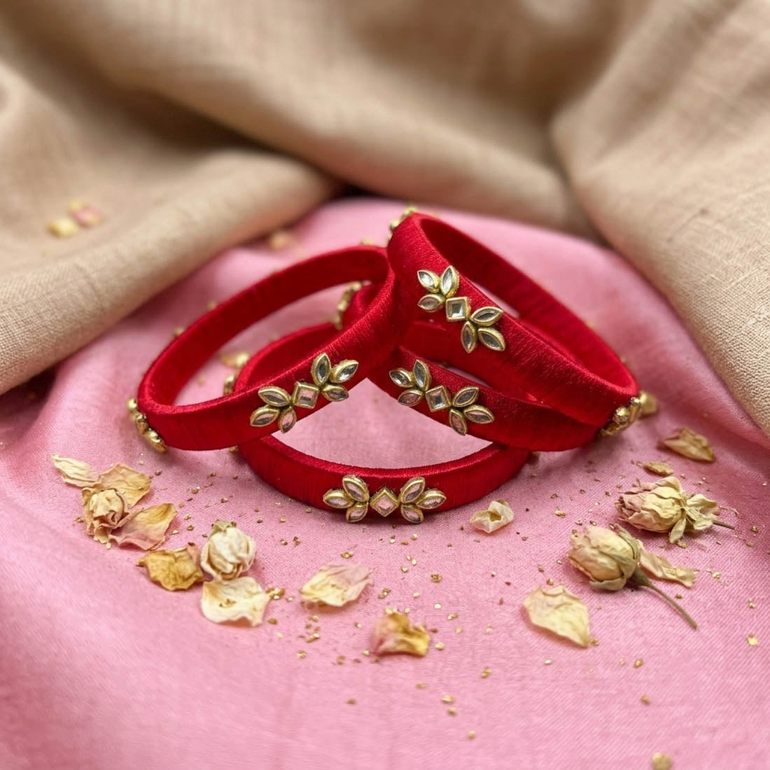Classic Red Color Handcrafted Silk Thread Bangle Set In Size 2.6